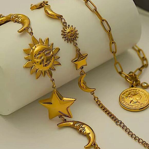 Gold Moon Star Sun Two Piece Chain Bracelet Set - Picture 5 of 10